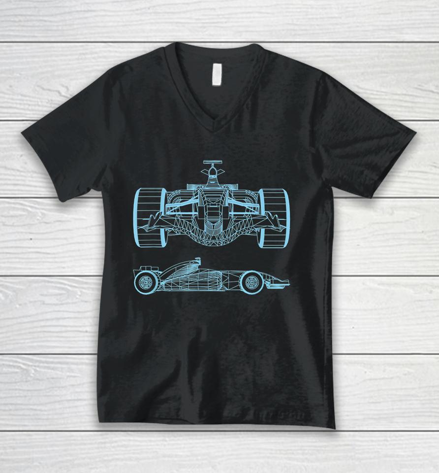 Formula Racing Car Silhouette Mechanical Engineering Draw Unisex V-Neck T-Shirt