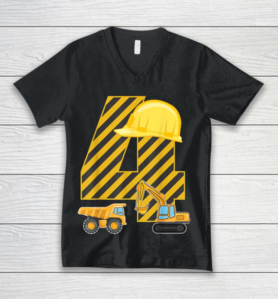 Four 4Yr 4Th Birthday Construction Outfit Boy 4 Years Old Unisex V-Neck T-Shirt