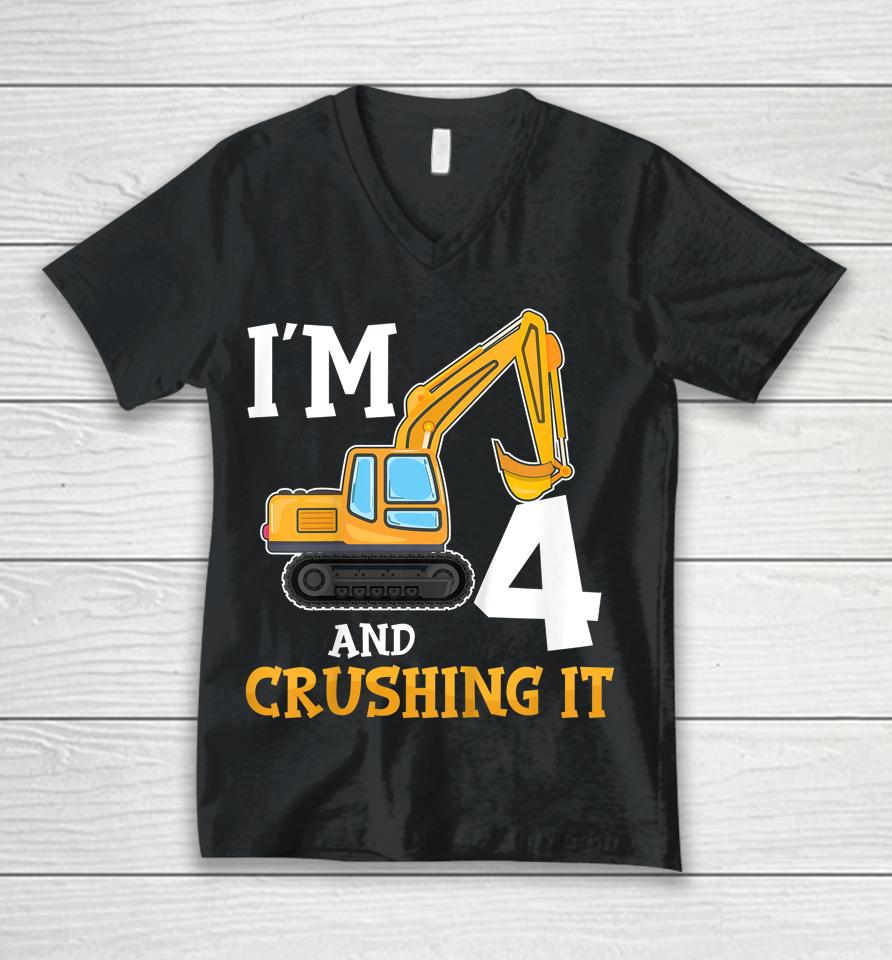 Four 4Yr 4Th Birthday Digger Boy Construction 4 Years Old Unisex V-Neck T-Shirt