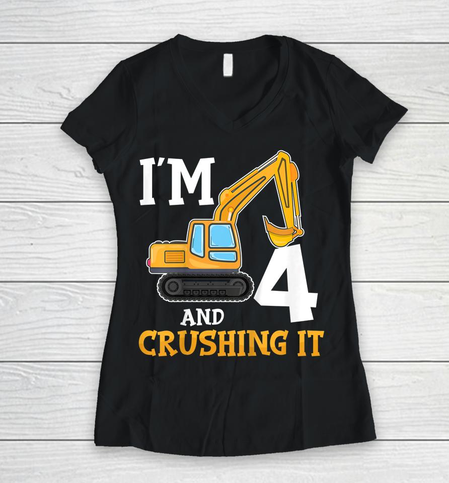 Four 4Yr 4Th Birthday Digger Boy Construction 4 Years Old Women V-Neck T-Shirt