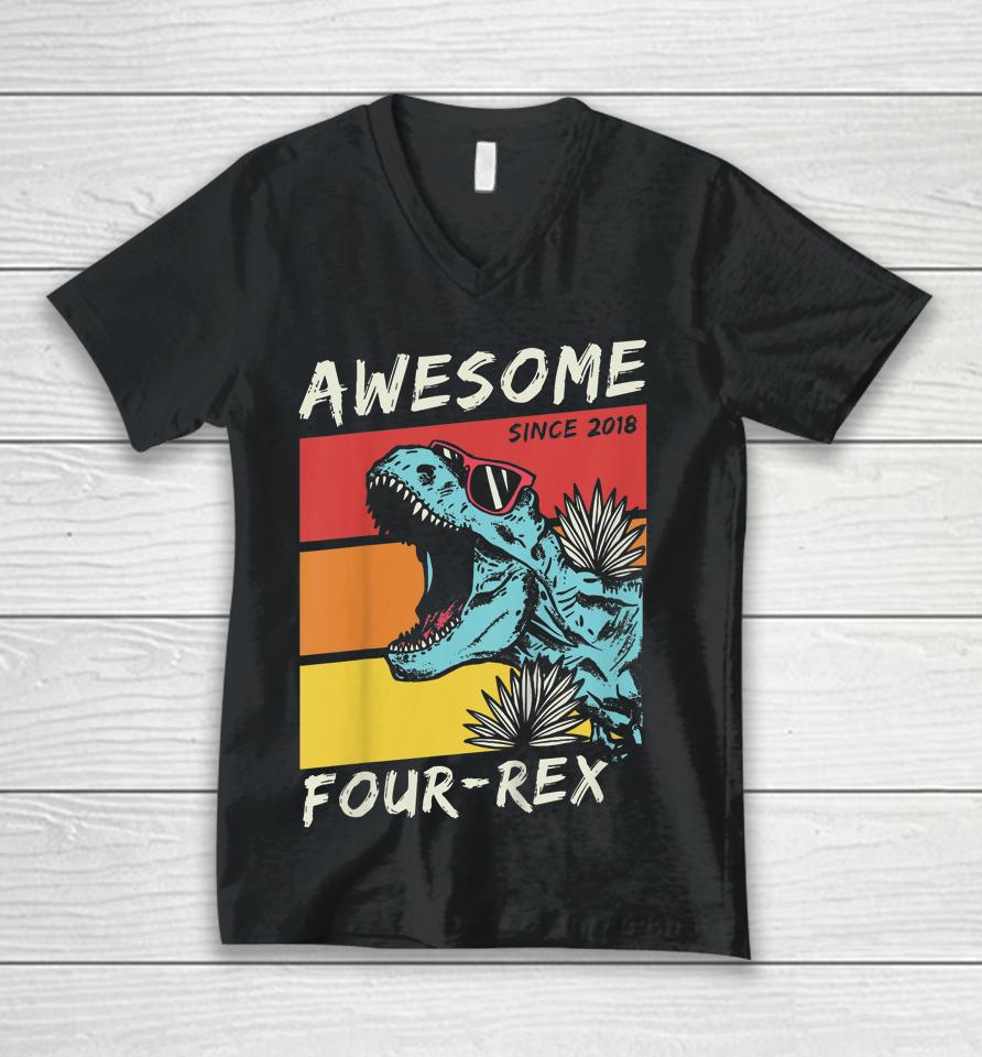 Four Rex Boy 4Th Birthday 2018 Dinosaur 4 Year Old Unisex V-Neck T-Shirt