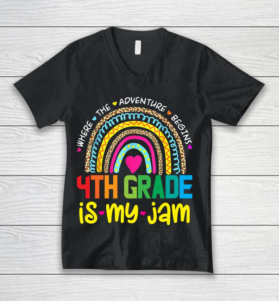 Fourth 4Th Grade Is My Jam - Back To School Rainbow Teacher Unisex V-Neck T-Shirt