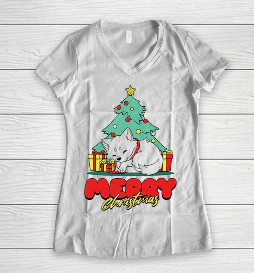 Fox And Tree Merry Christmas Women V-Neck T-Shirt
