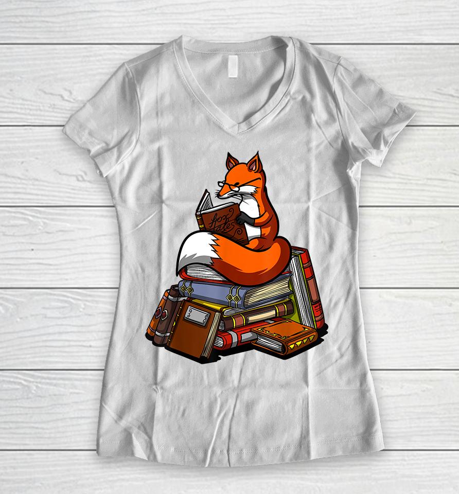 Fox Book Reading Nerd Geek Women V-Neck T-Shirt