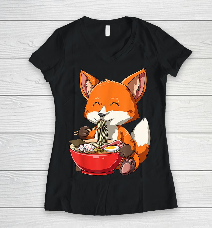 Fox Eating Ramen Women V-Neck T-Shirt