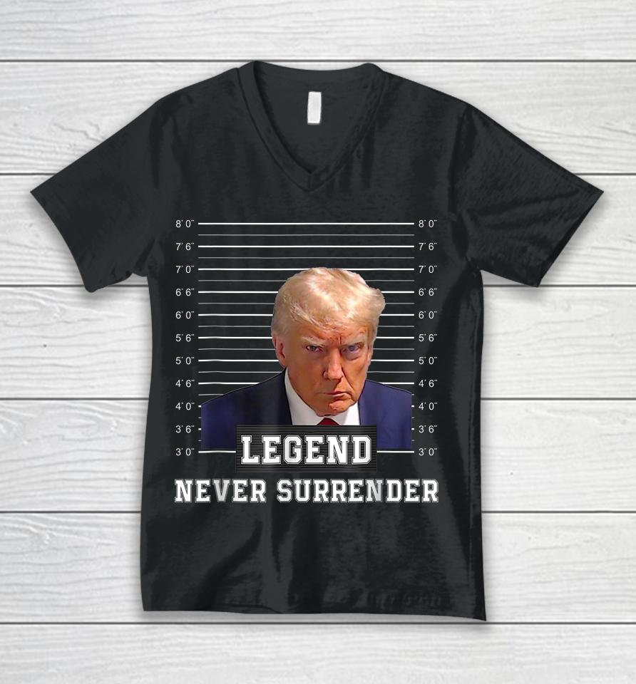 Free Donald Trump Mug Shot President Never Surrender Unisex V-Neck T-Shirt