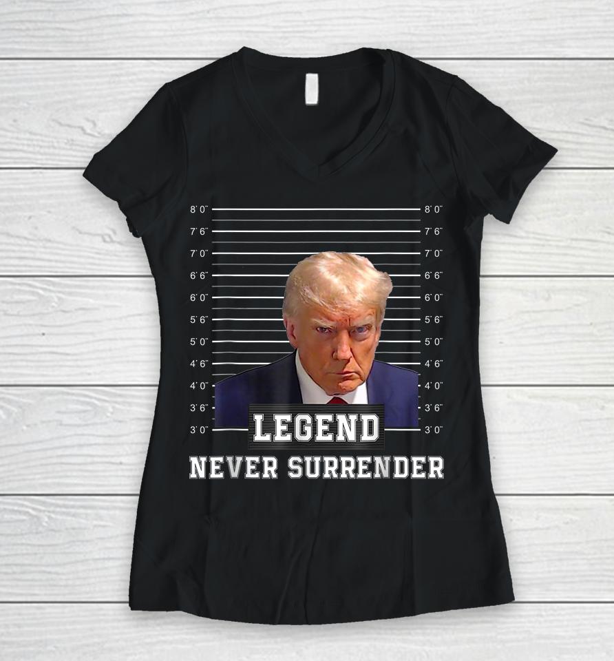 Free Donald Trump Mug Shot President Never Surrender Women V-Neck T-Shirt