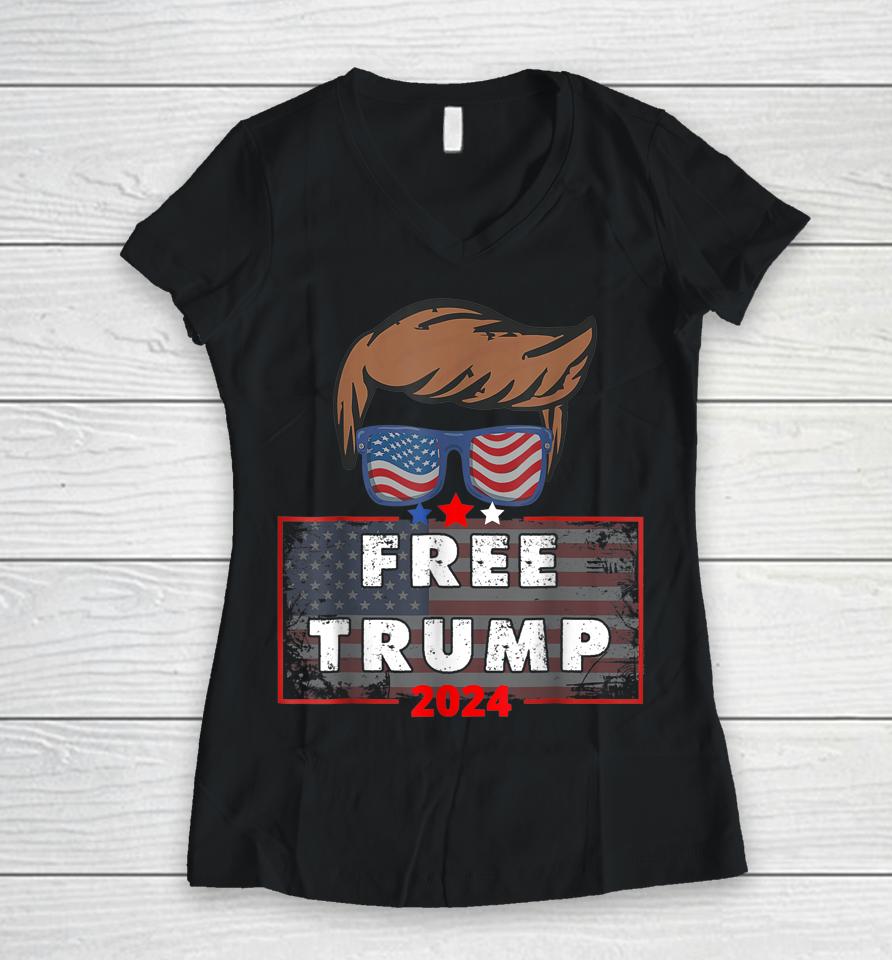 Free Donald Trump Republican Support Pro Trump American Flag Women V-Neck T-Shirt