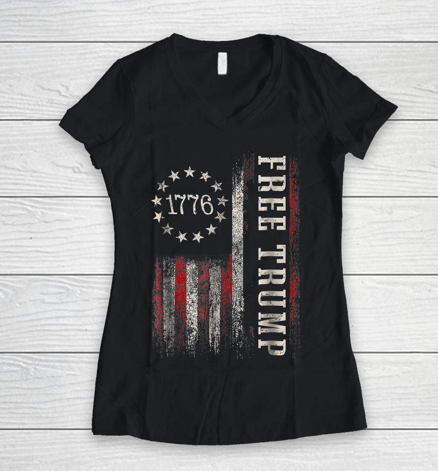 Free Donald Trump Republican Support Pro Trump American Flag Women V-Neck T-Shirt