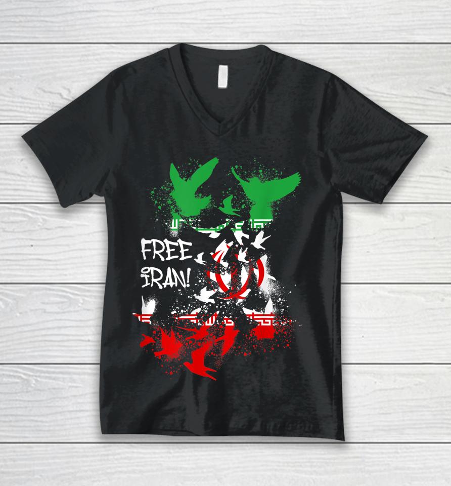 Free Iran, Free The Iran, Iran, Birds, Freedom, Equality Unisex V-Neck T-Shirt