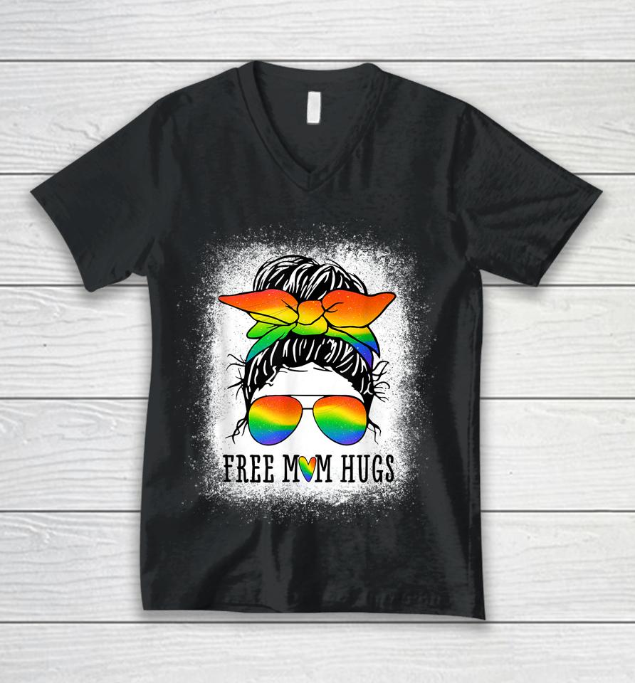 Free Mom Hugs Messy Bun Heart Lgbt Pride Month Unisex V-Neck T-Shirt