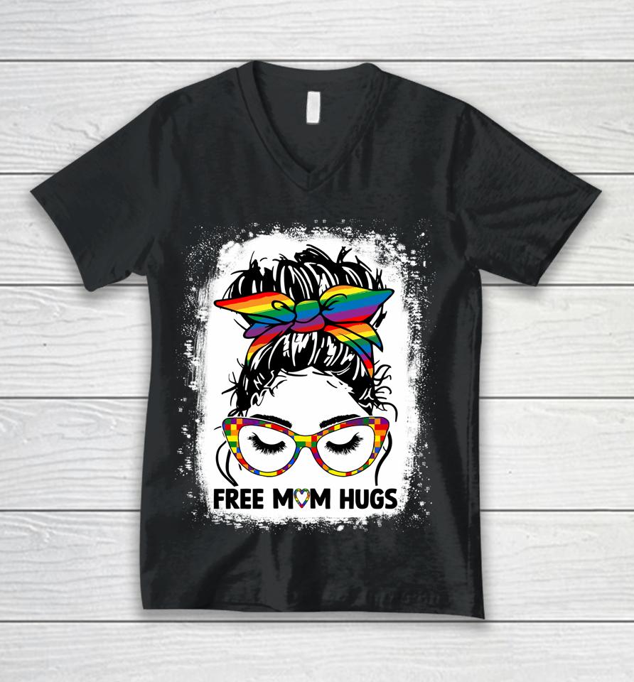 Free Mom Hugs Messy Bun Lgbt Pride Rainbow Unisex V-Neck T-Shirt