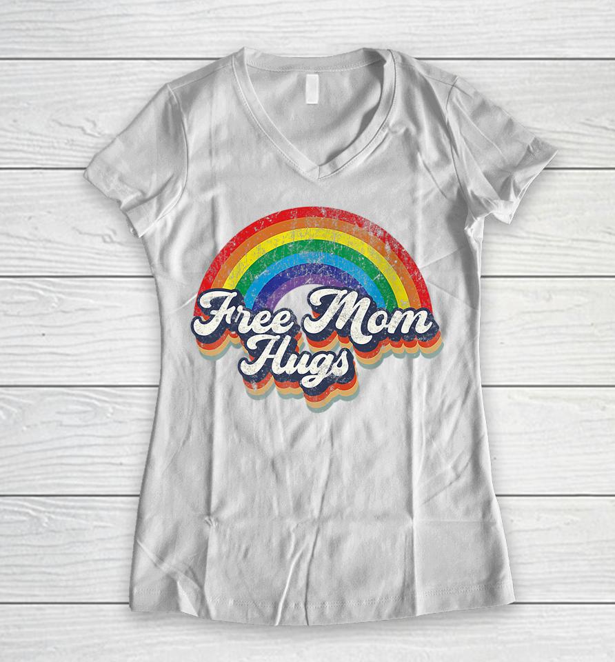 Free Mom Hugs Rainbow Heart Lgbt Flag Lgbt Pride Month Women V-Neck T-Shirt