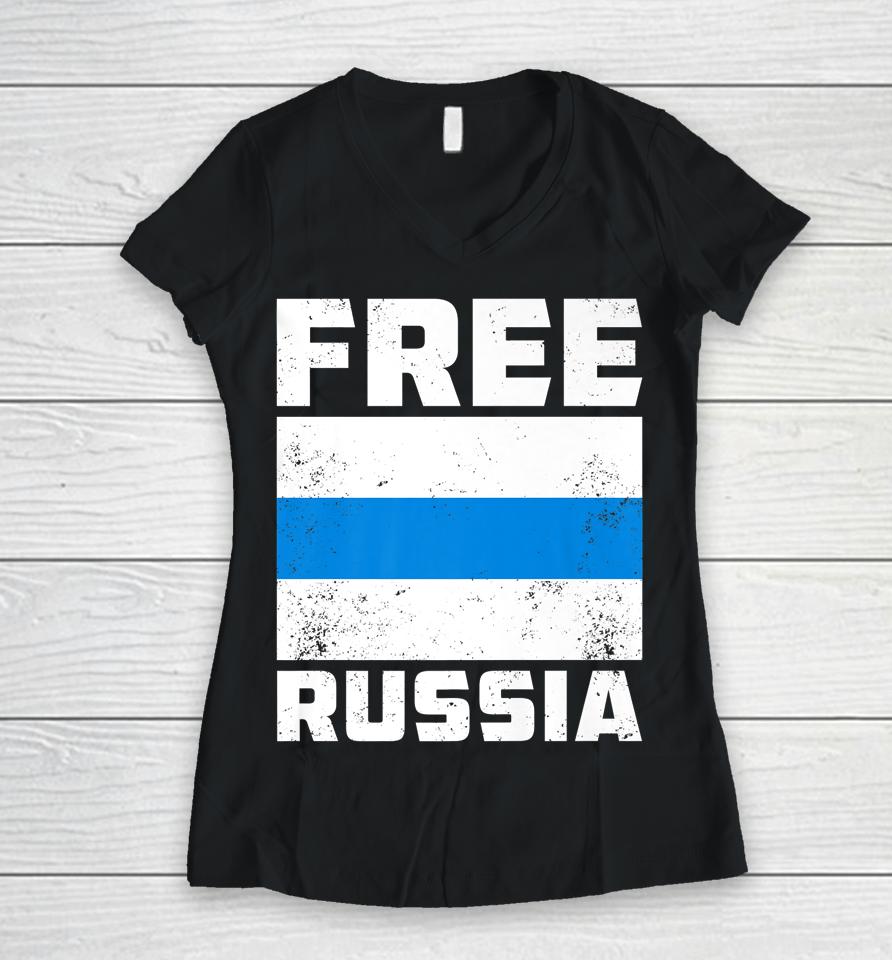 Free Russia New Russian Flag White Blue Anti-War Protest Women V-Neck T-Shirt