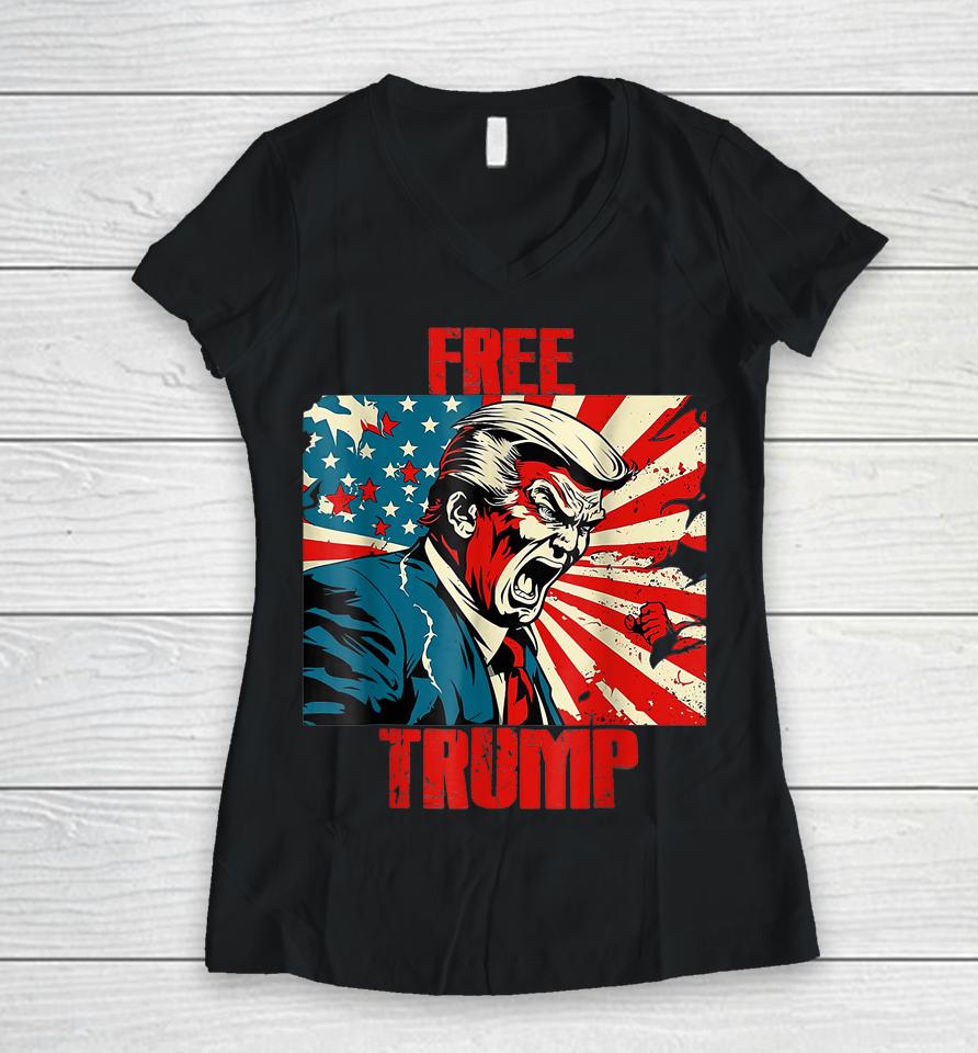 Free Trump American Flag Women V-Neck T-Shirt