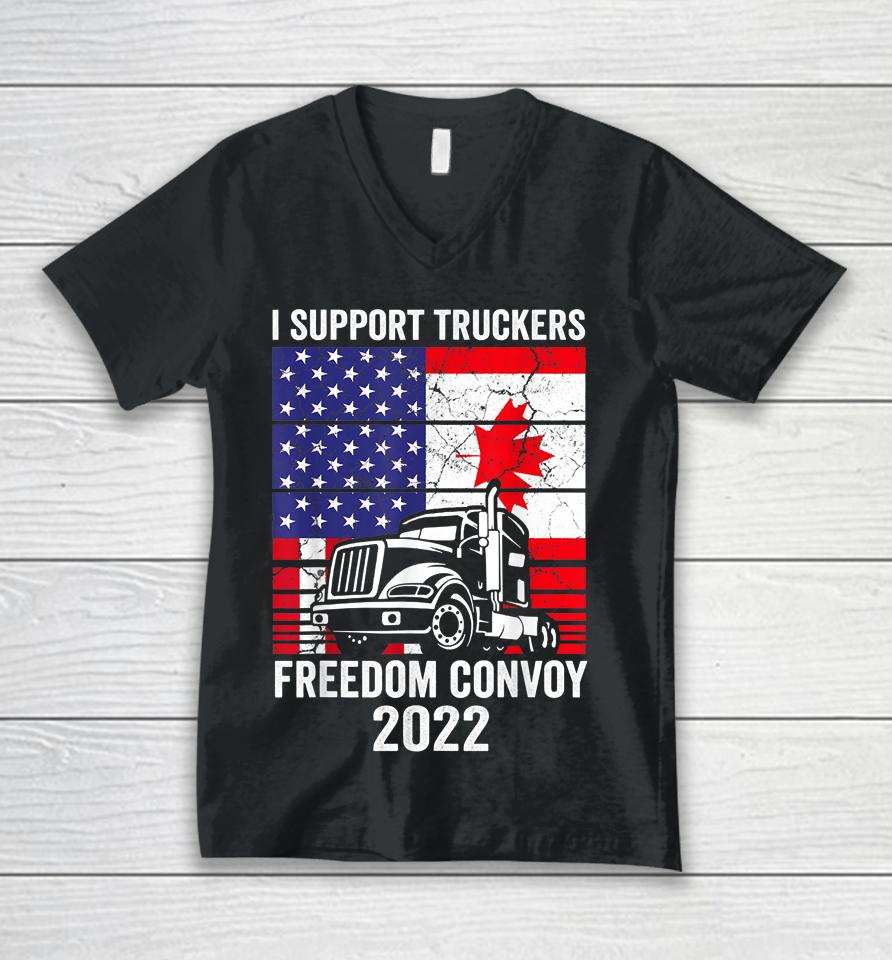 Freedom Convoy 2022 I Support Truckers Usa And Canada Flag Unisex V-Neck T-Shirt
