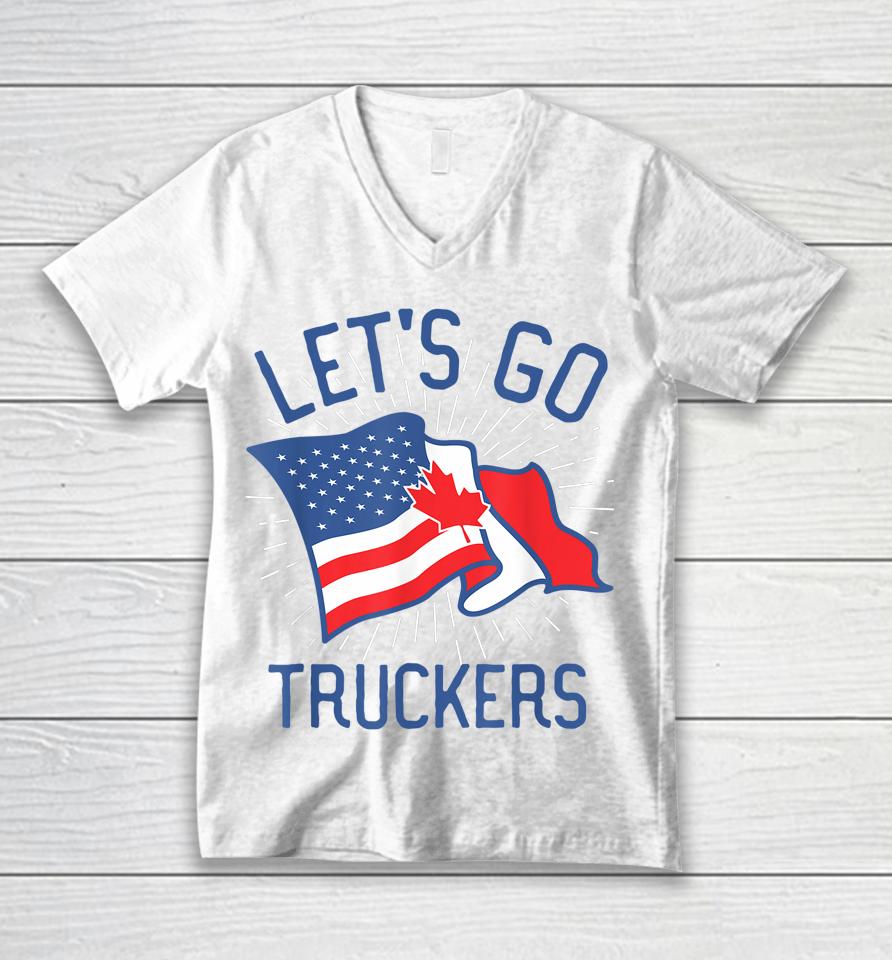 Freedom Convoy 2022 Let's Go Truckers Us America Canada Flag Unisex V-Neck T-Shirt
