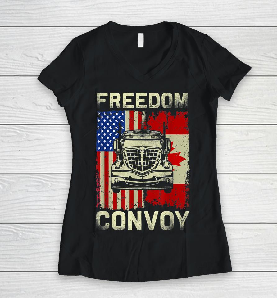 Freedom Convoy 2022 Support Canadian Truckers Mandate Truck Women V-Neck T-Shirt