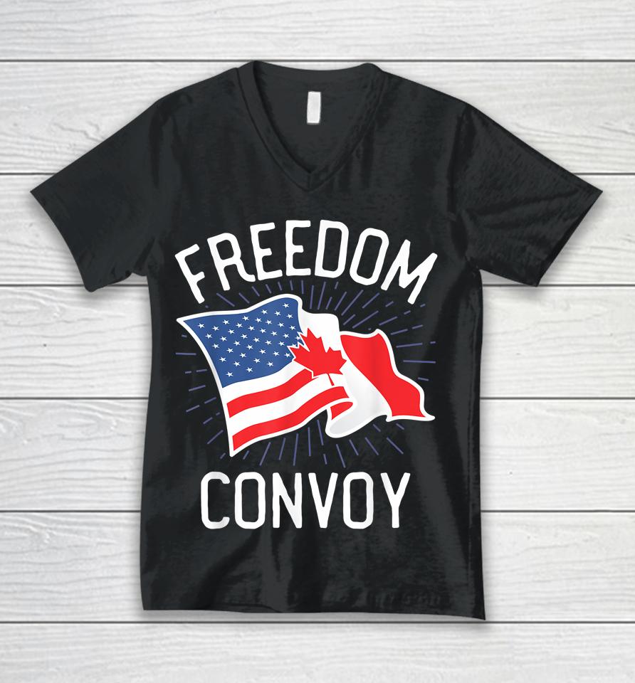 Freedom Convoy 2022 Truckers Usa America Canada Flag Support Unisex V-Neck T-Shirt
