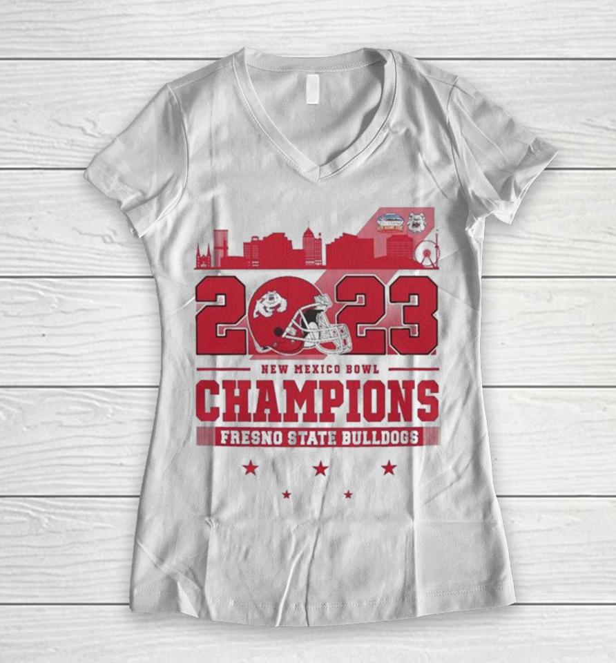 Fresno State Bulldogs Skyline 2023 New Mexico Bowl Champions Women V-Neck T-Shirt