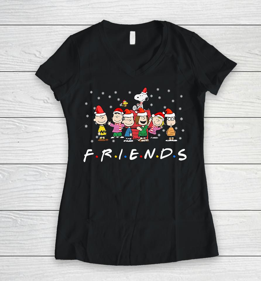 Friends Christmas Shirt, Peanuts Snoopy And Friends Santa Hat Mery Christmas Women V-Neck T-Shirt