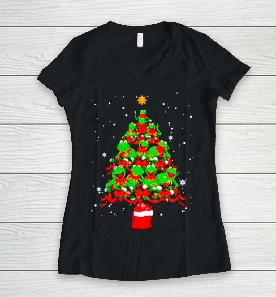 Frogs Merry Christmas Tree Sweatshirts Women V-Neck T-Shirt