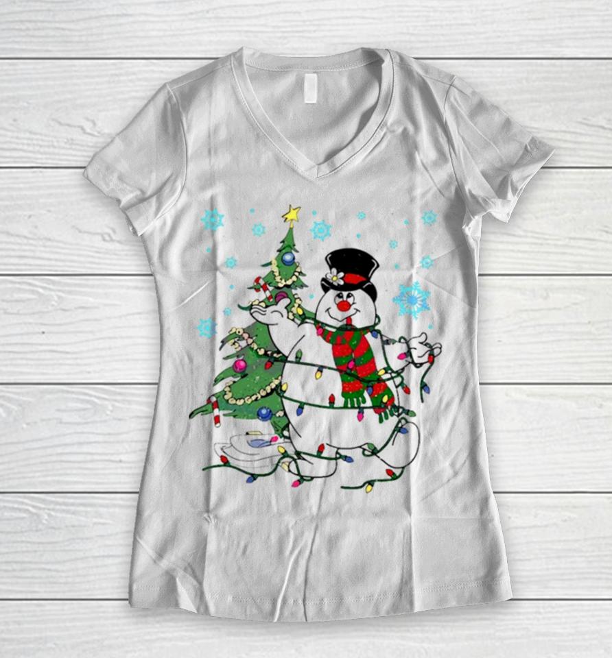 Frosty The Snowman Christmas Tree Women V-Neck T-Shirt