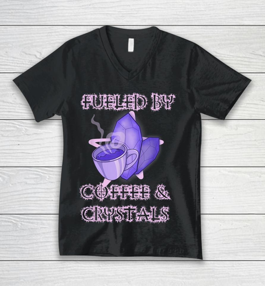 Fueled By Coffee And Crystals Wiccan Occult Barista Magical Unisex V-Neck T-Shirt