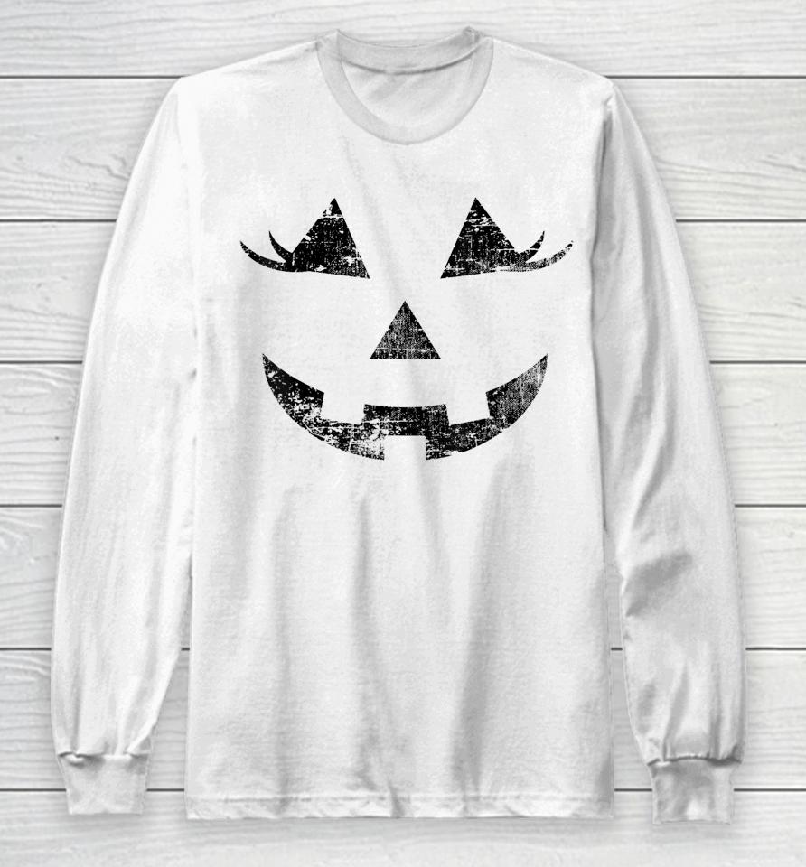 Fun Halloween Jack O Lantern Pumpkin Eyelashes Face Vintage Long Sleeve T-Shirt
