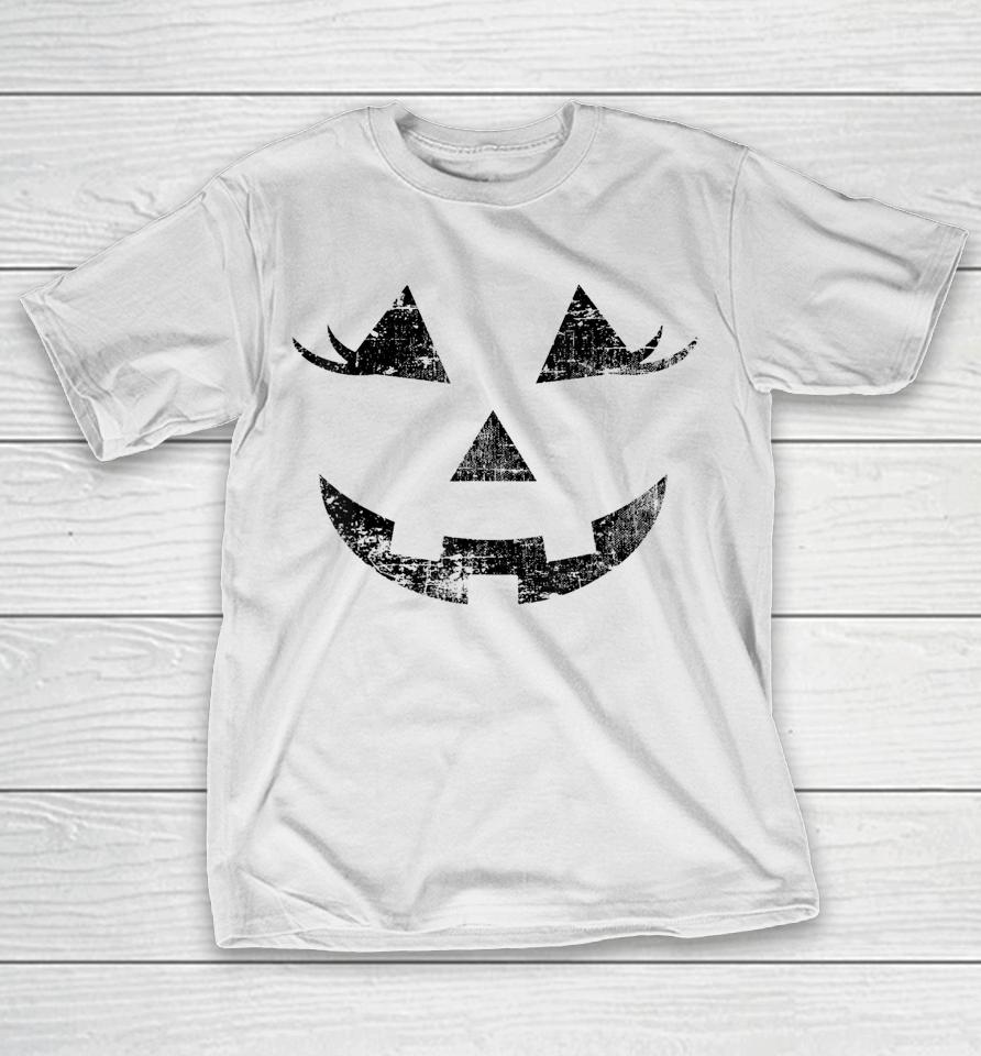 Fun Halloween Jack O Lantern Pumpkin Eyelashes Face Vintage T-Shirt