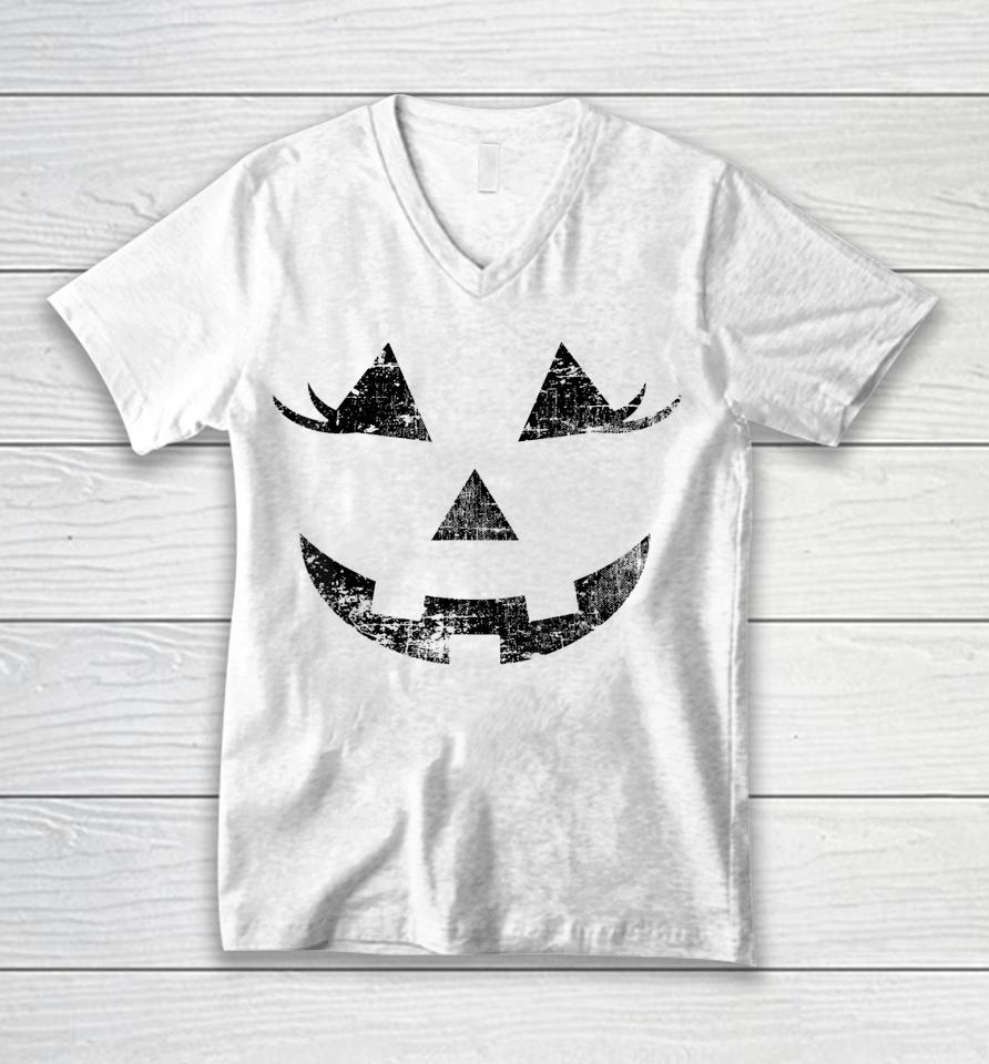 Fun Halloween Jack O Lantern Pumpkin Eyelashes Face Vintage Unisex V-Neck T-Shirt