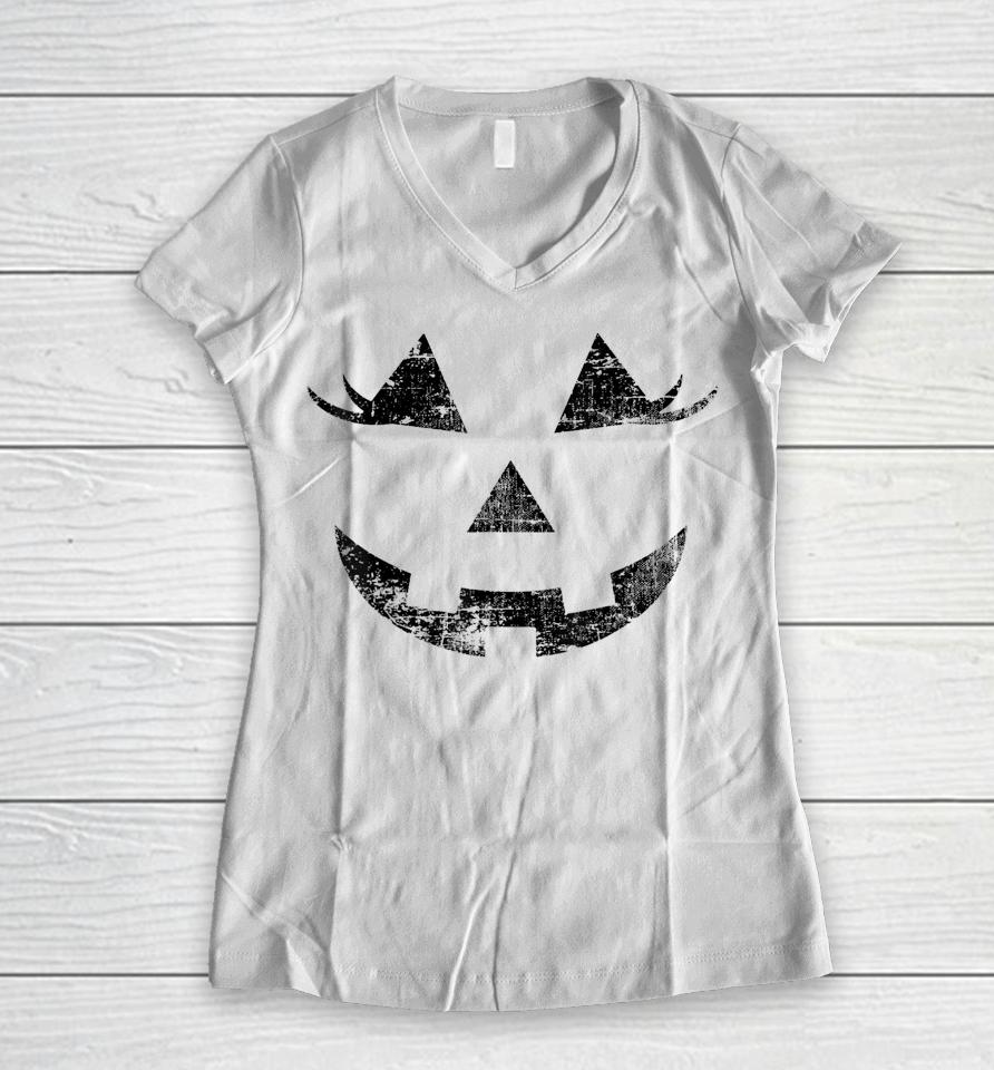 Fun Halloween Jack O Lantern Pumpkin Eyelashes Face Vintage Women V-Neck T-Shirt