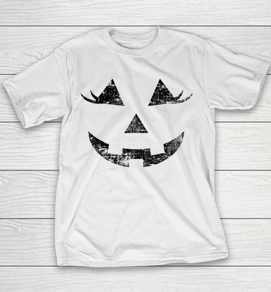 Fun Halloween Jack O Lantern Pumpkin Eyelashes Face Vintage Youth T-Shirt