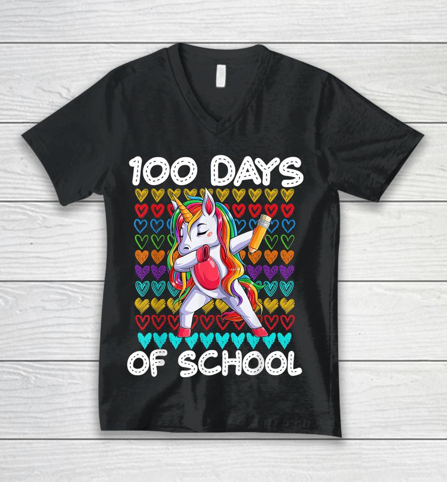 Funny 100 Days Of School 100Th Day Of School Unicorn Girls Unisex V-Neck T-Shirt