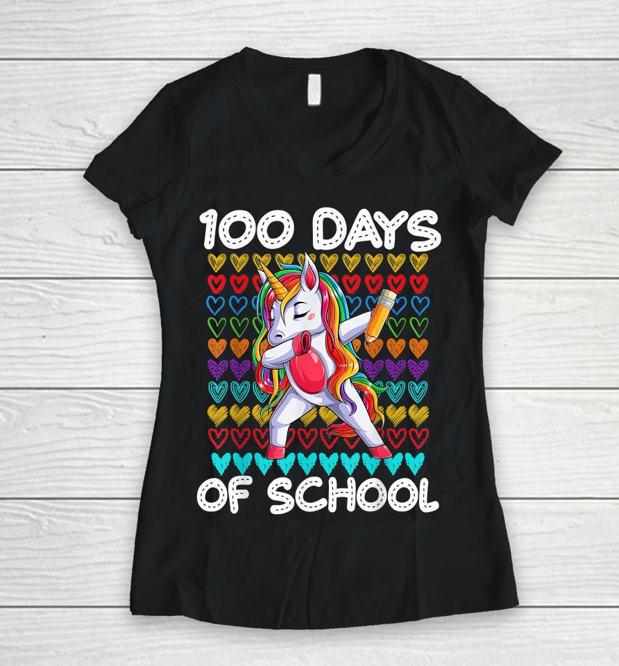 Funny 100 Days Of School 100Th Day Of School Unicorn Girls Women V-Neck T-Shirt