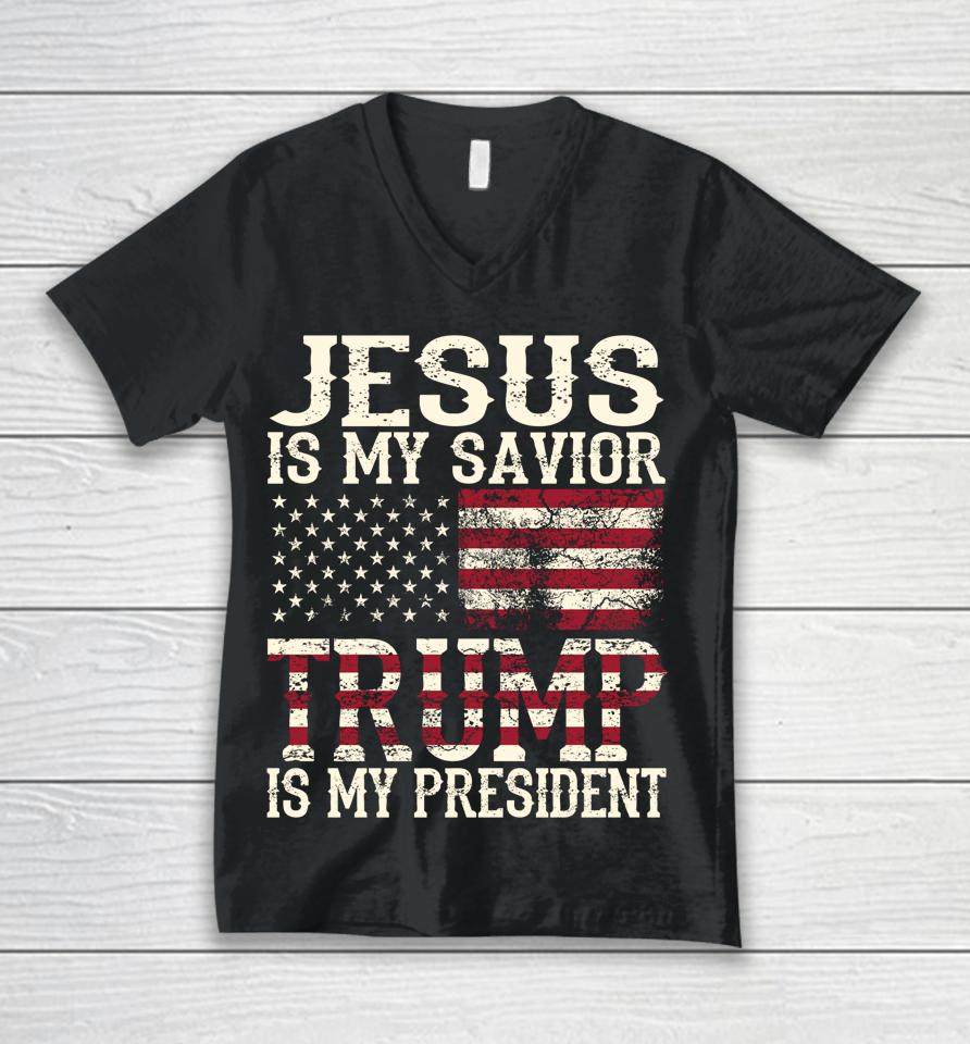 Funny American Jesus Is My Savior Trump Is My President Gift Unisex V-Neck T-Shirt