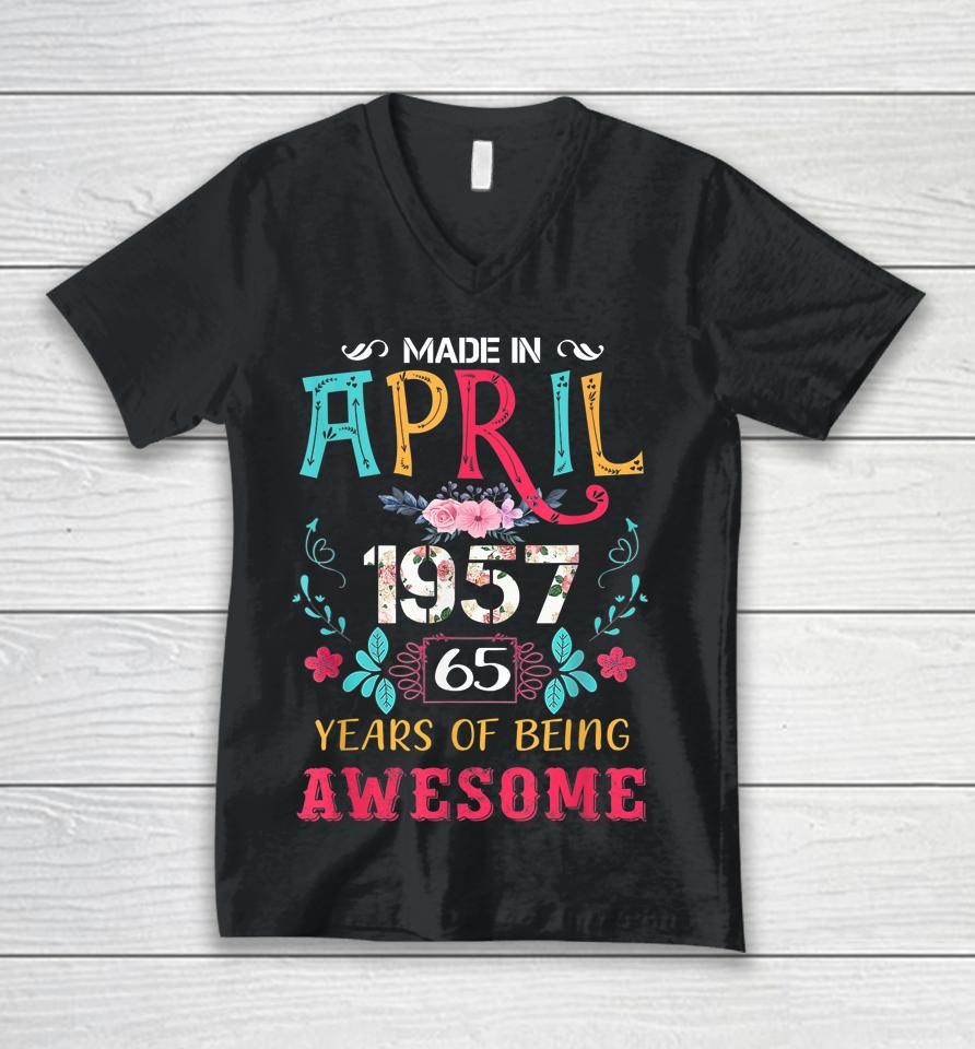 Funny Awesome April 1957 Vintage 65Th Birthday Unisex V-Neck T-Shirt