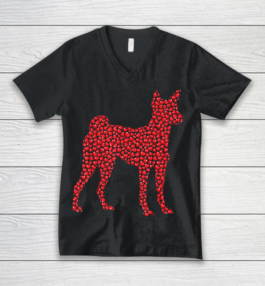 Funny Basenji Dog Lover Hearts Love Valentine Unisex V-Neck T-Shirt