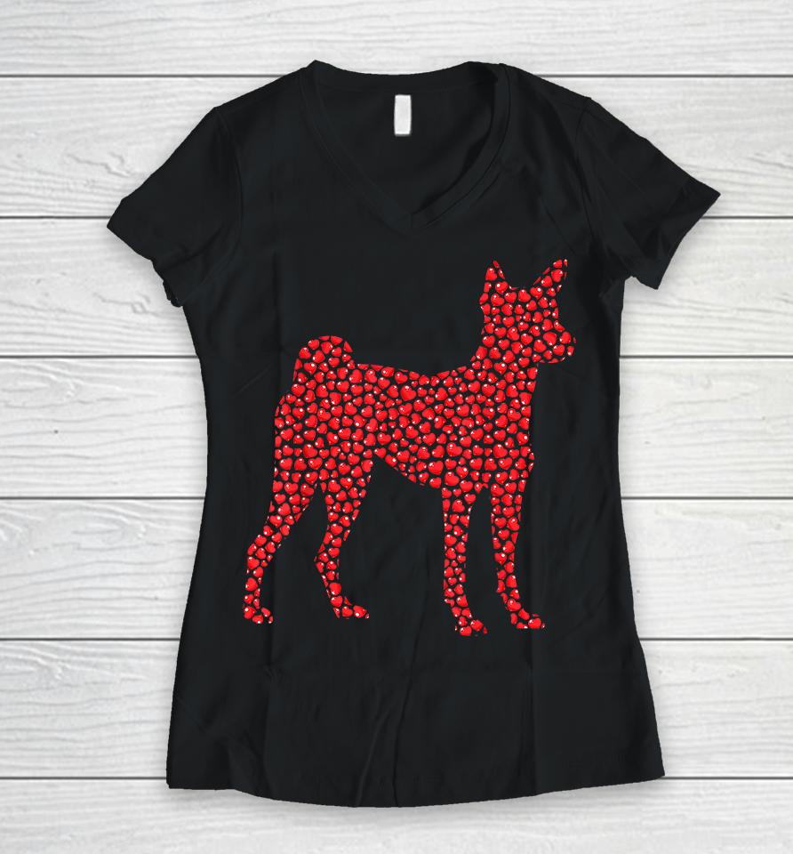 Funny Basenji Dog Lover Hearts Love Valentine Women V-Neck T-Shirt