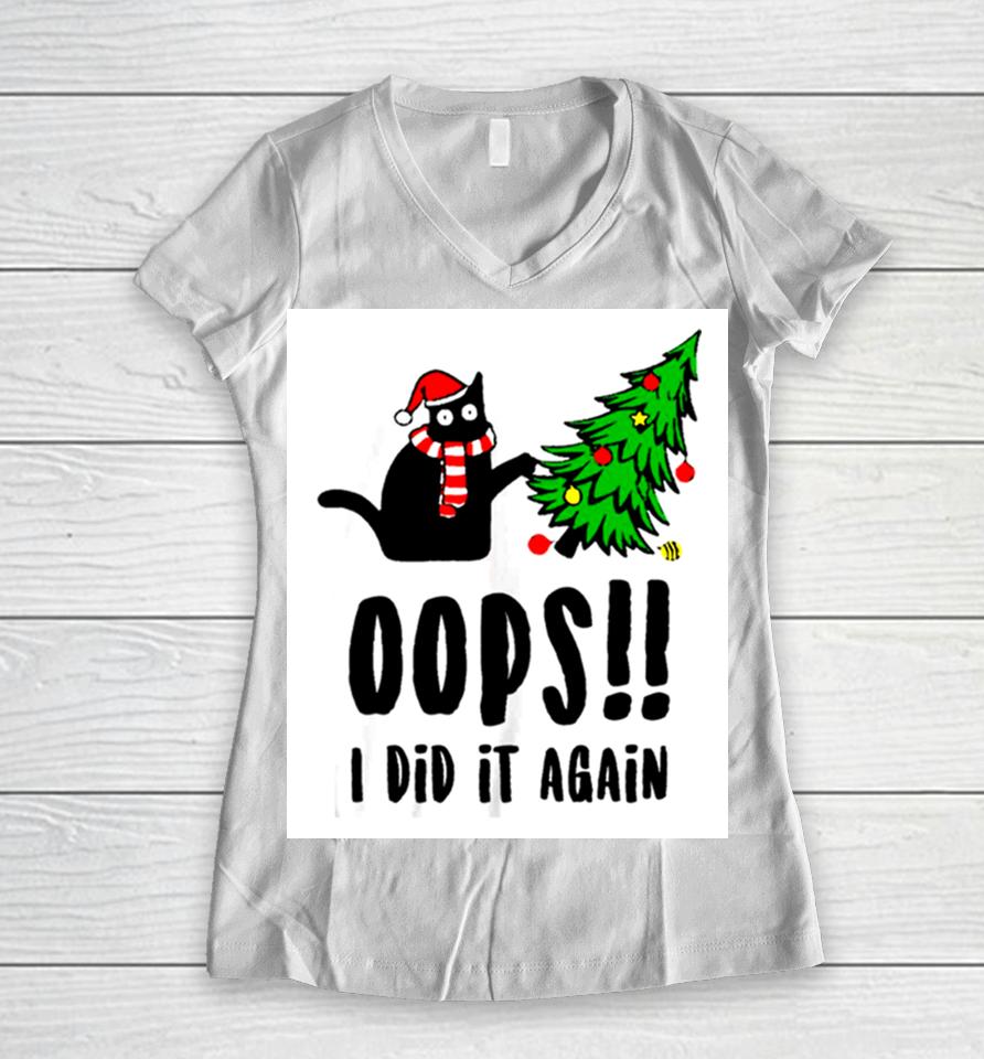 Funny Black Cat Christmas Tree Oops I Did It Again Britney Spears Women V-Neck T-Shirt