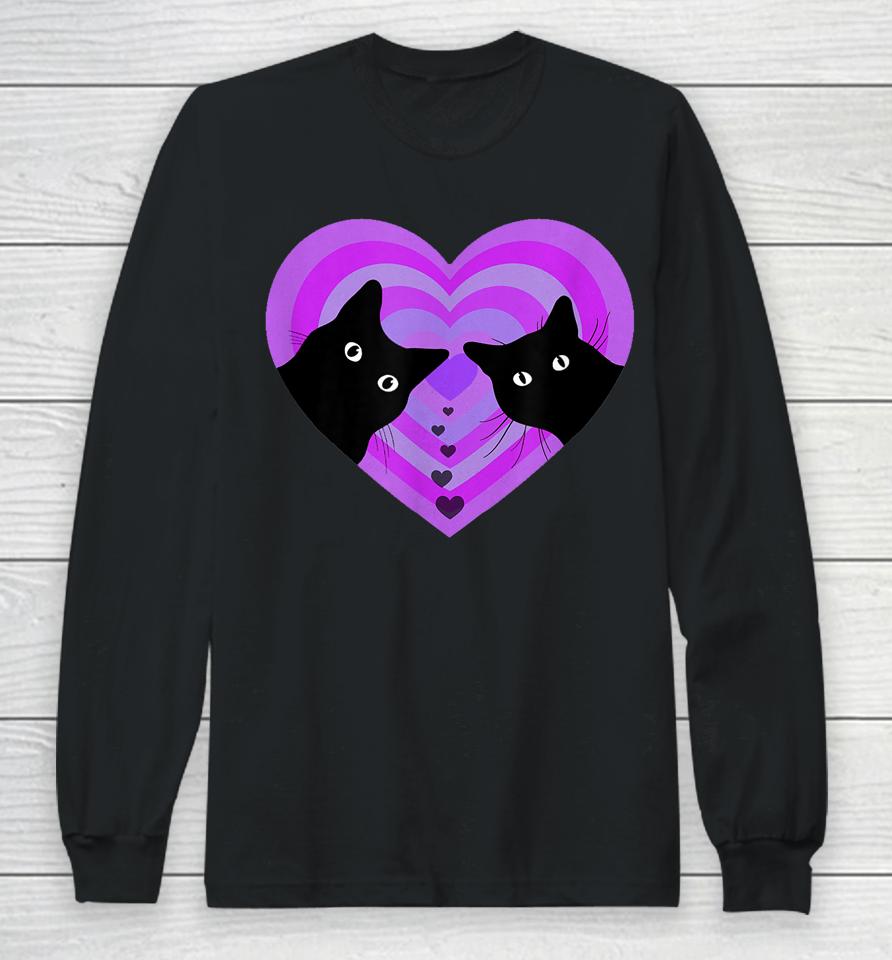 Funny Black Cat Valentine Day Cat Couple Retro Vintage Long Sleeve T-Shirt