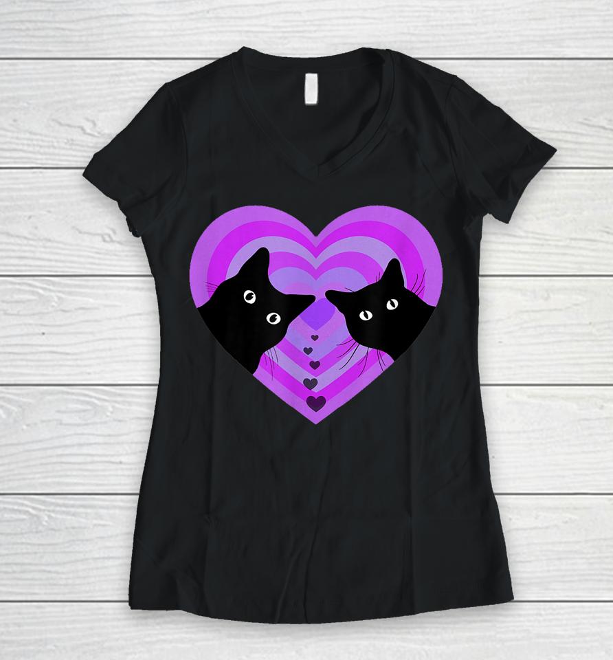 Funny Black Cat Valentine Day Cat Couple Retro Vintage Women V-Neck T-Shirt