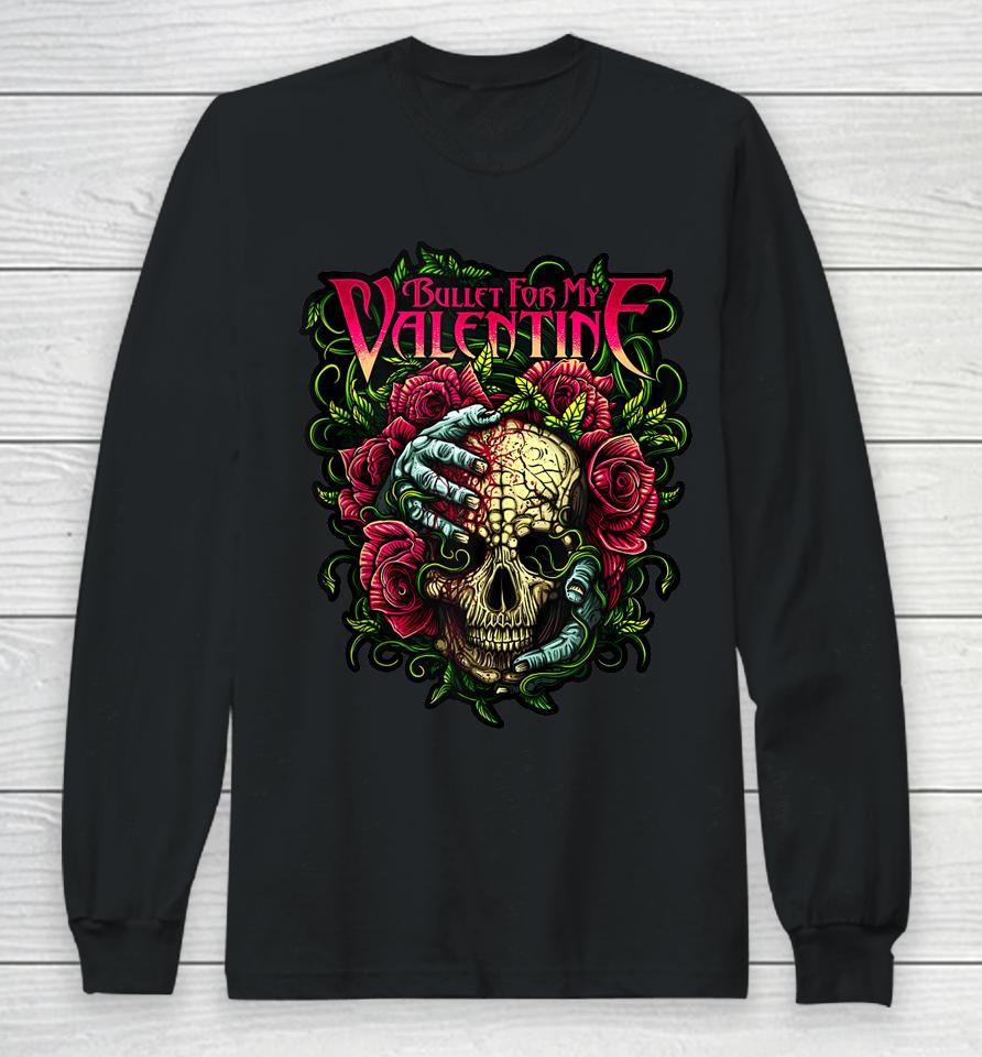 Funny Bullet My Valentine Skull Roses And Red Blood Horror Long Sleeve T-Shirt
