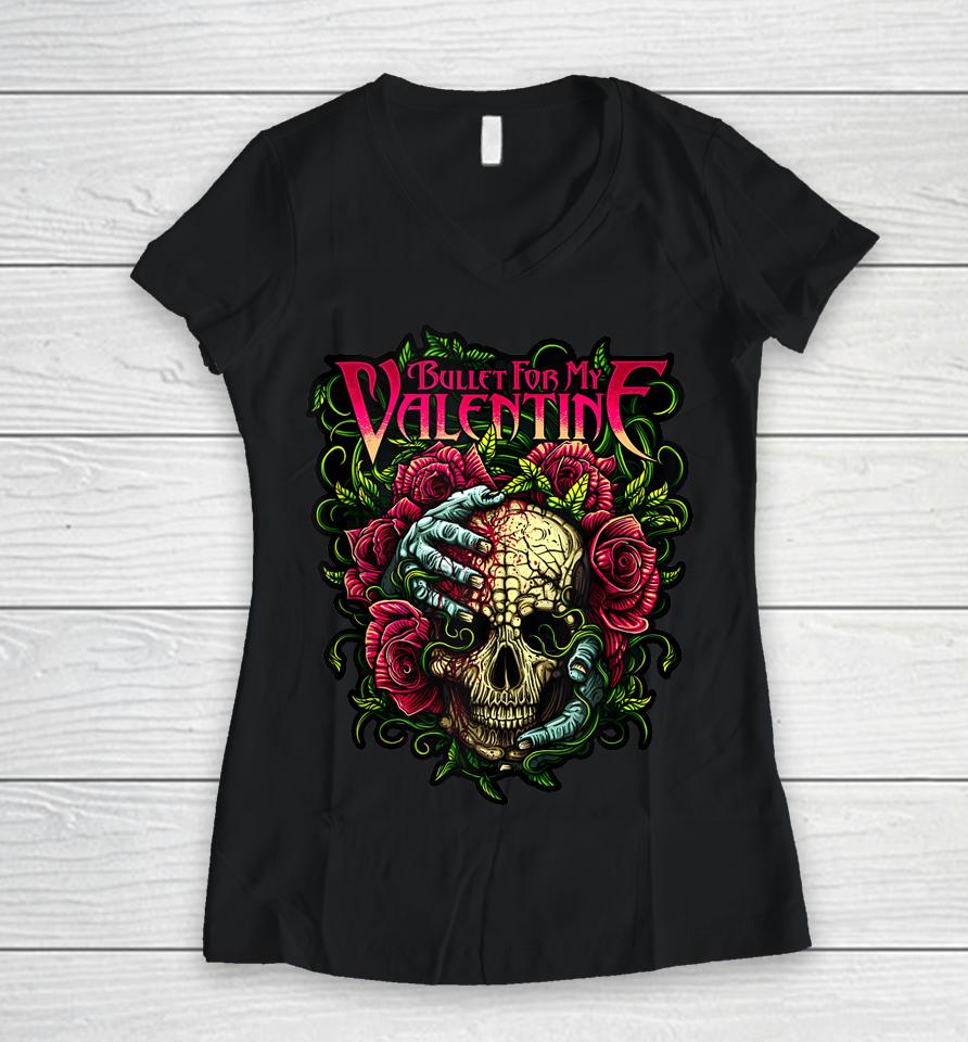 Funny Bullet My Valentine Skull Roses And Red Blood Horror Women V-Neck T-Shirt