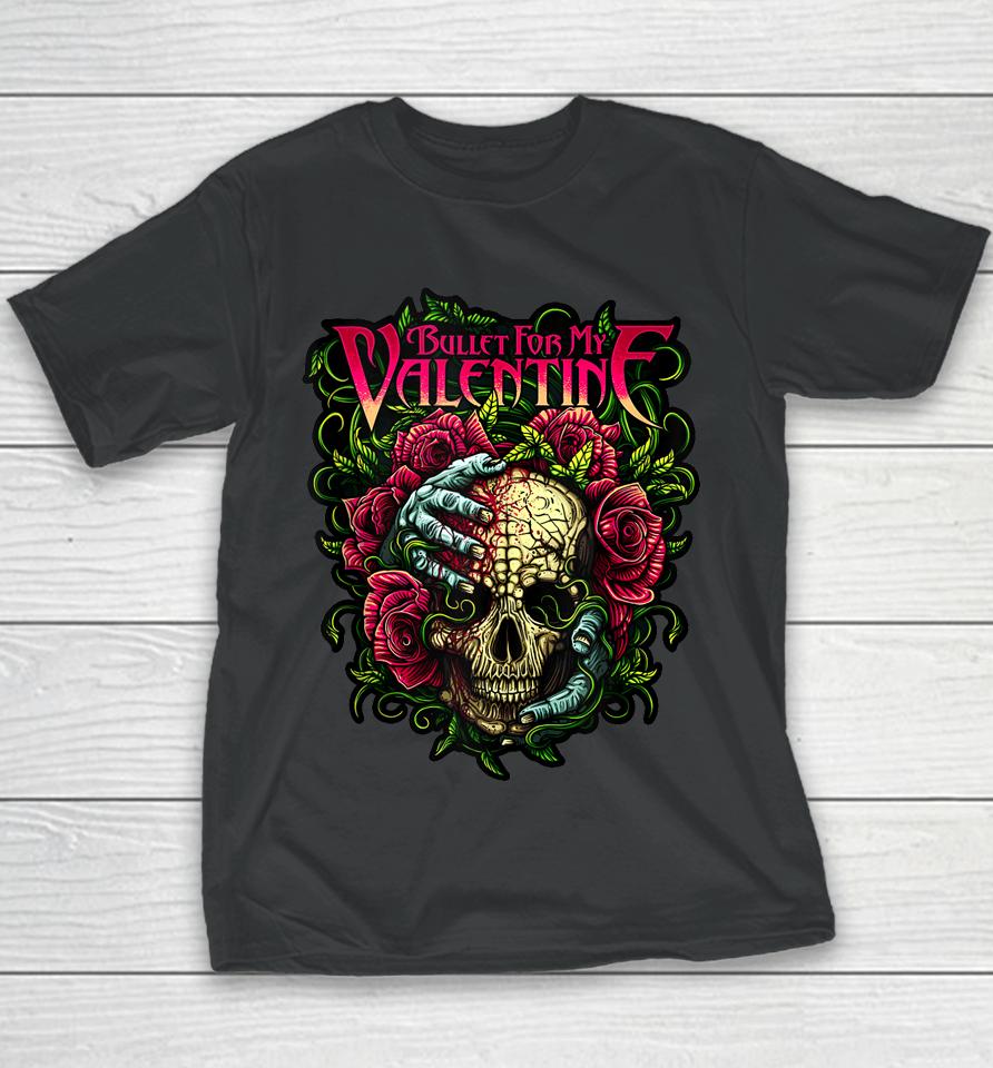 Funny Bullet My Valentine Skull Roses And Red Blood Horror Youth T-Shirt