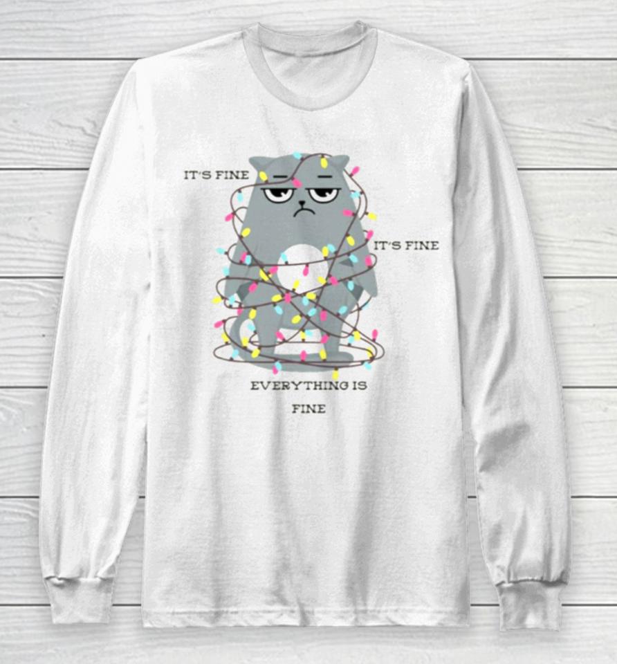 Funny Cat Christmas Lights I’m Fine Everything Is Fine Long Sleeve T-Shirt