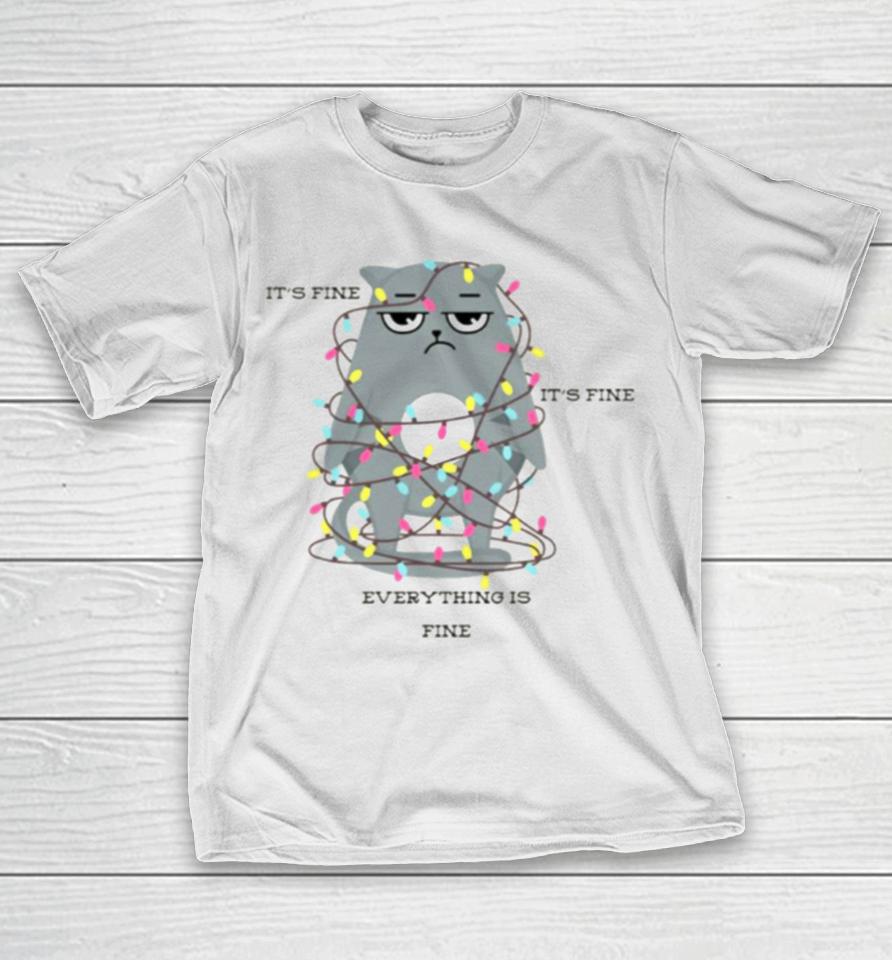 Funny Cat Christmas Lights I’m Fine Everything Is Fine T-Shirt