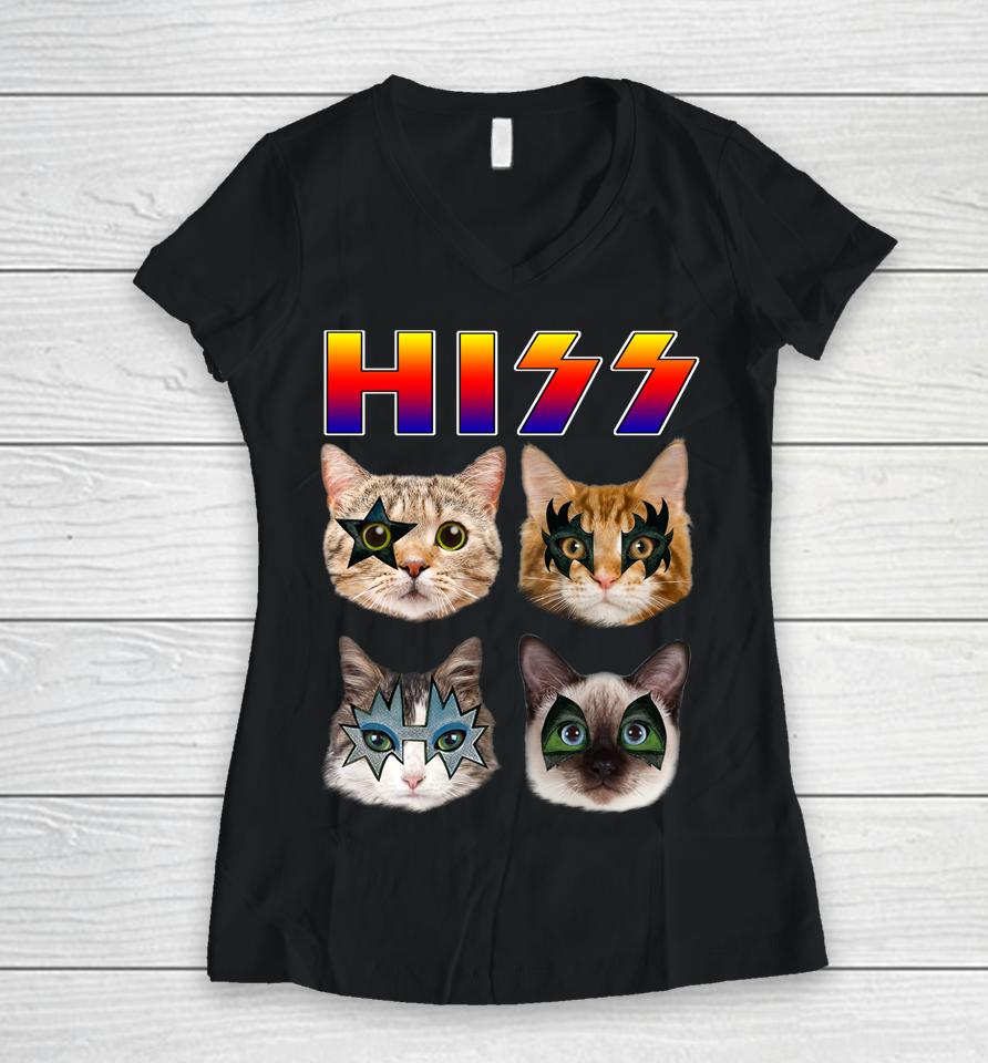 Funny Cat Hiss Rock And Roll For Cat Lover, Cat Dad, Cat Mom Women V-Neck T-Shirt