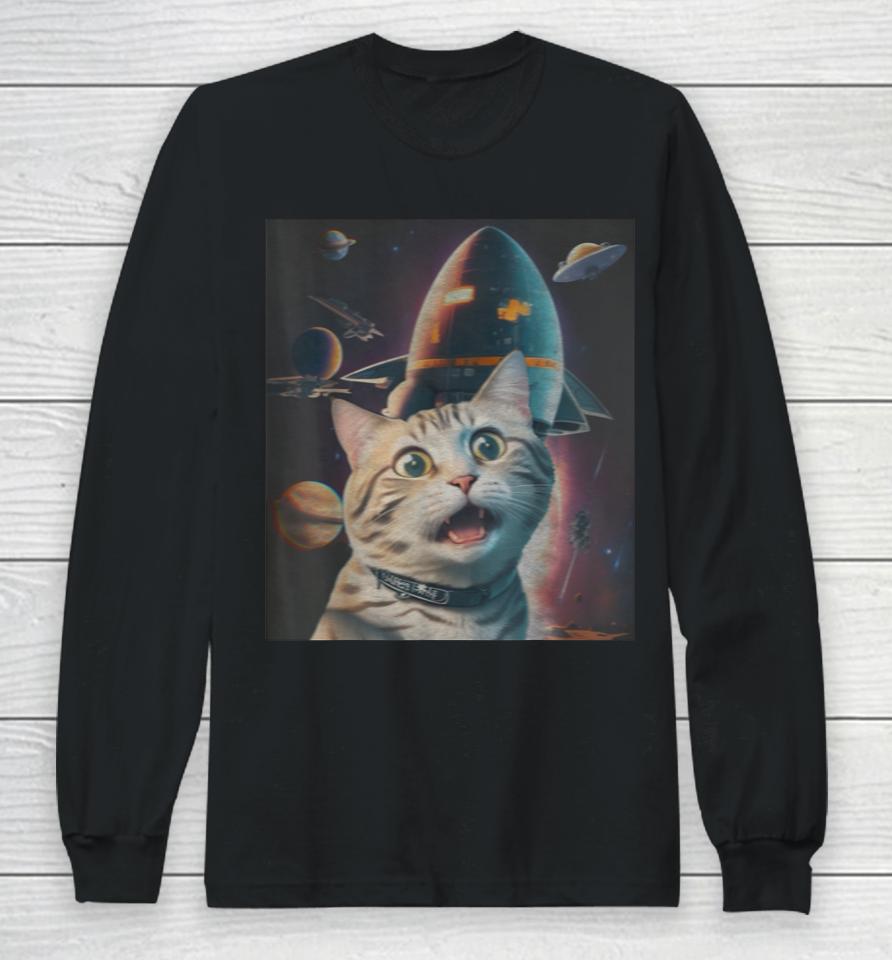 Funny Cat Selfie With Flying Objects In Space Pet Cats Lover Long Sleeve T-Shirt