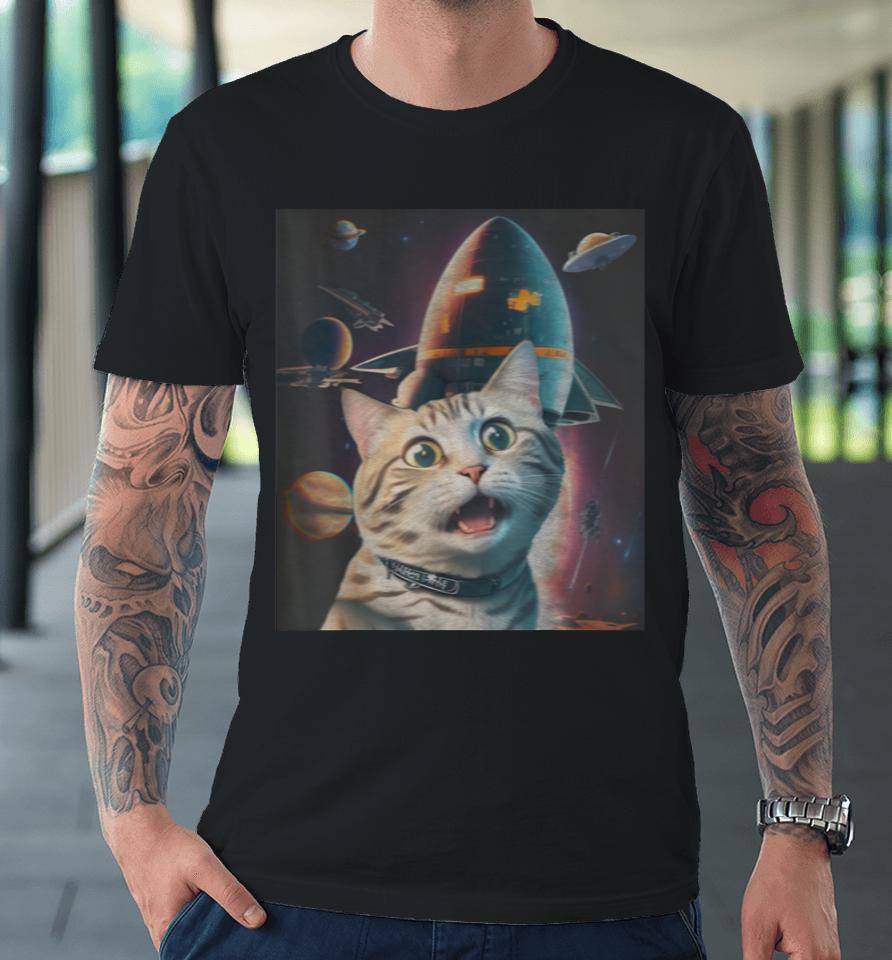 Funny Cat Selfie With Flying Objects In Space Pet Cats Lover Premium T-Shirt